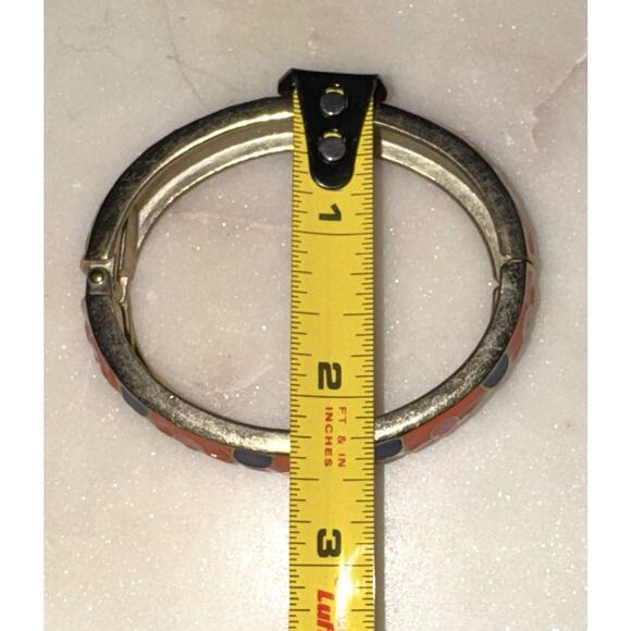 Enamel Pink Blue Flowers Clamp Spring Cuff Bangle Bracelet Goldtone Trim - Picture 7 of 9